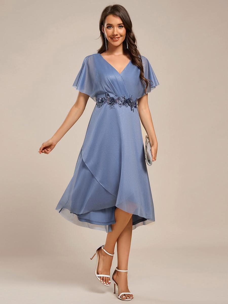 Short Sleeve V-Neck Asymmetrical Midi Wedding Guest Dresses #color_Dusty Blue
