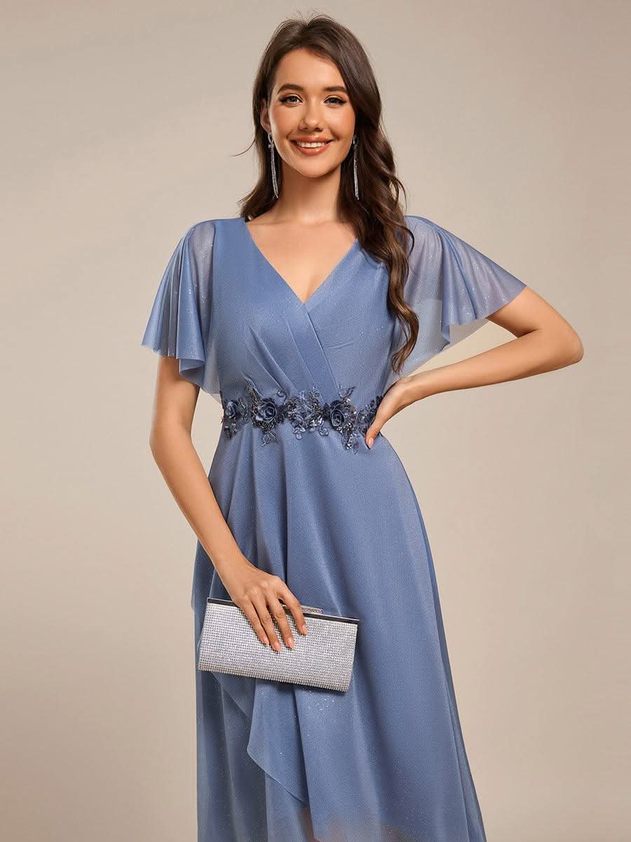 Short Sleeve V-Neck Asymmetrical Midi Wedding Guest Dresses #color_Dusty Blue