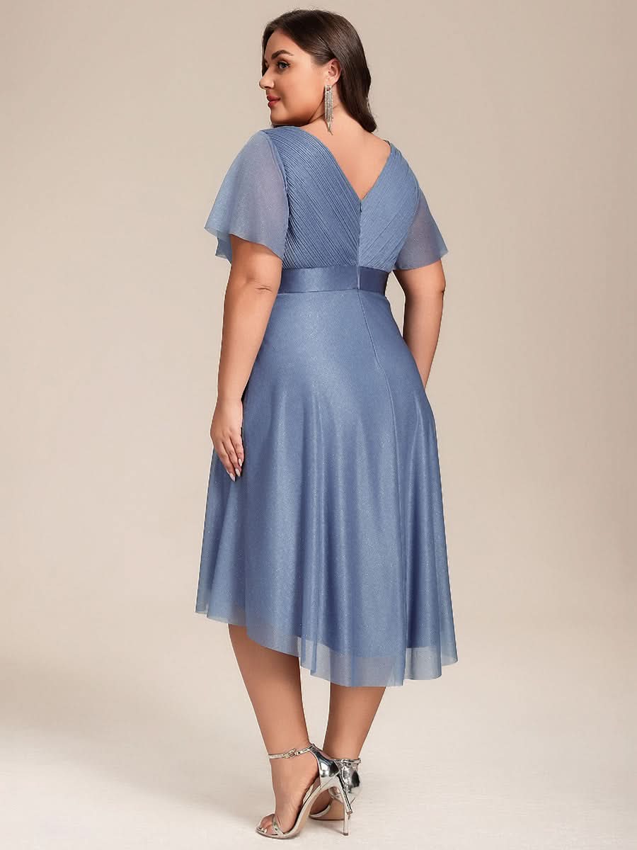 Plus Size Glitter Short Sleeve V-Neck Pleated Midi Wedding Guest Dress #color_Dusty Blue