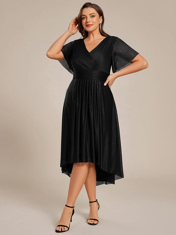 Plus Size Short Sleeve Pleated Ruffles Sequin A-Line Midi Wedding Guest Dresses #color_Black Plus Size Short Sleeve Pleated Ruffles Sequin A-Line Midi Wedding Guest Dresses