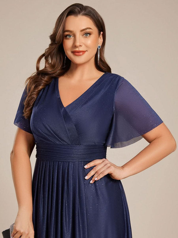 Plus Size Short Sleeve Pleated Ruffles Sequin A-Line Midi Wedding Guest Dresses #color_Black Plus Size Short Sleeve Pleated Ruffles Sequin A-Line Midi Wedding Guest Dresses
