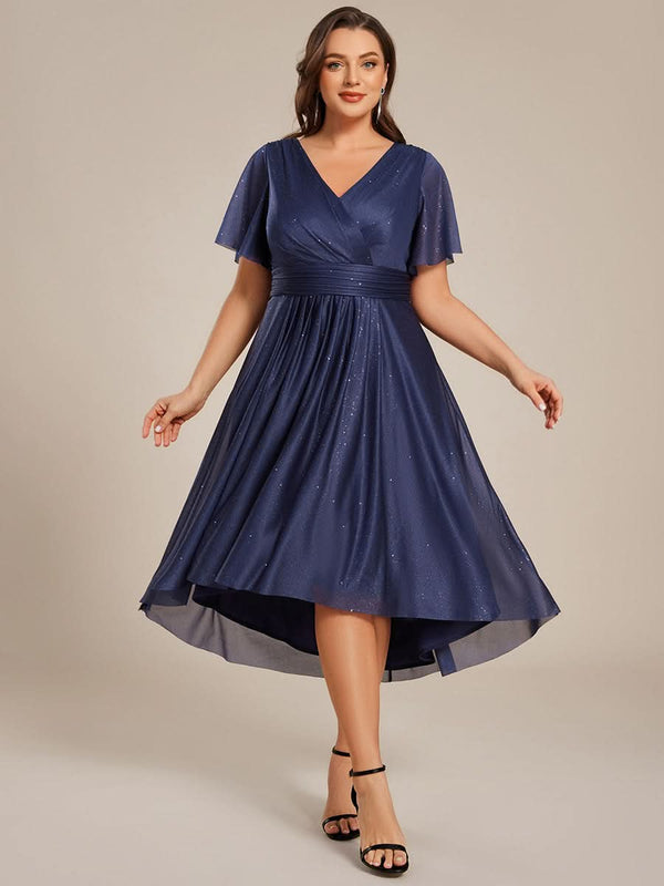 Plus Size Short Sleeve Pleated Ruffles Sequin A-Line Midi Wedding Guest Dresses #color_Black Plus Size Short Sleeve Pleated Ruffles Sequin A-Line Midi Wedding Guest Dresses