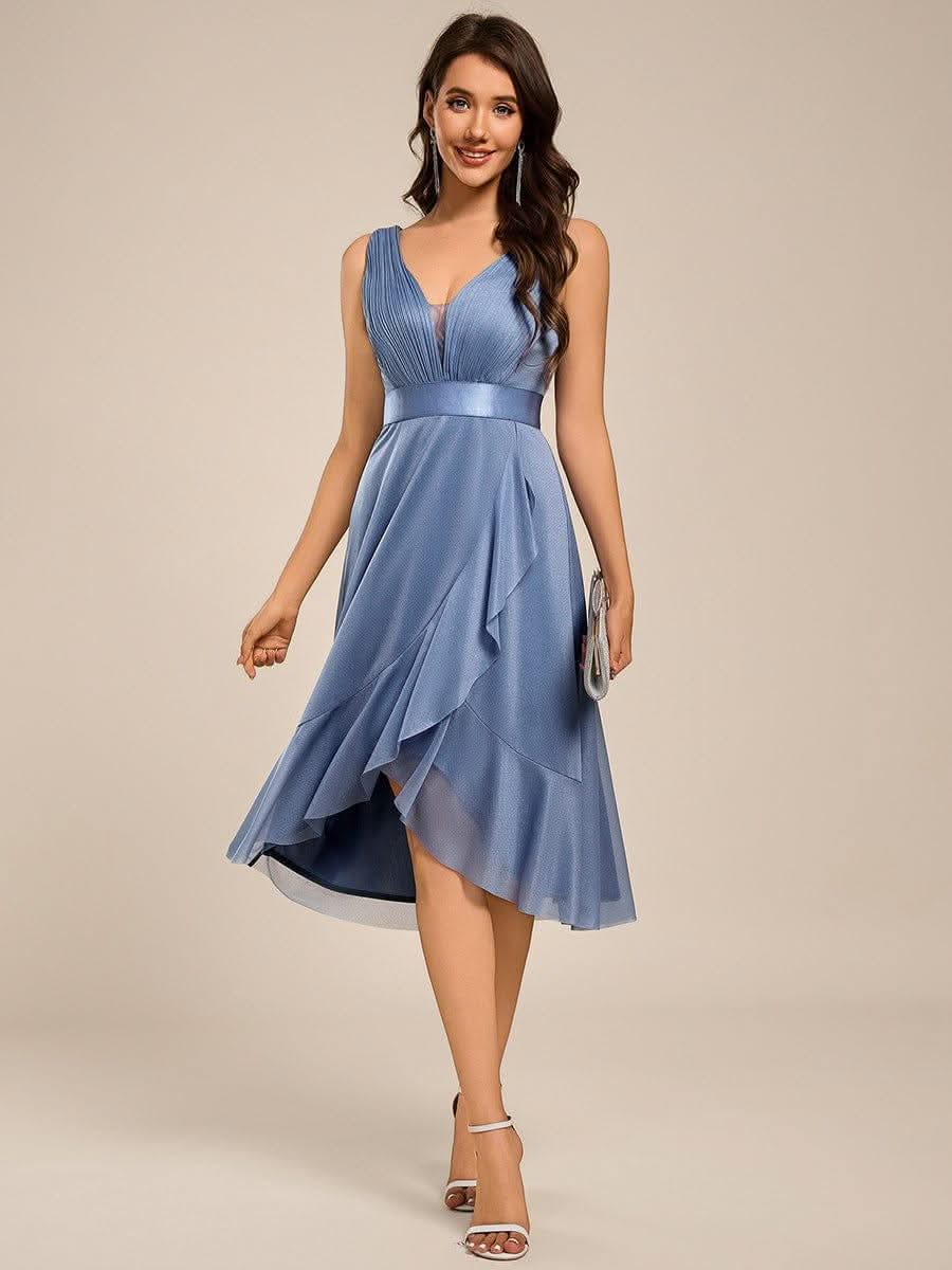 Glitter Sleeveless Deep V-Neck A-Line Midi Wedding Guest Dress #color_Dusty Blue