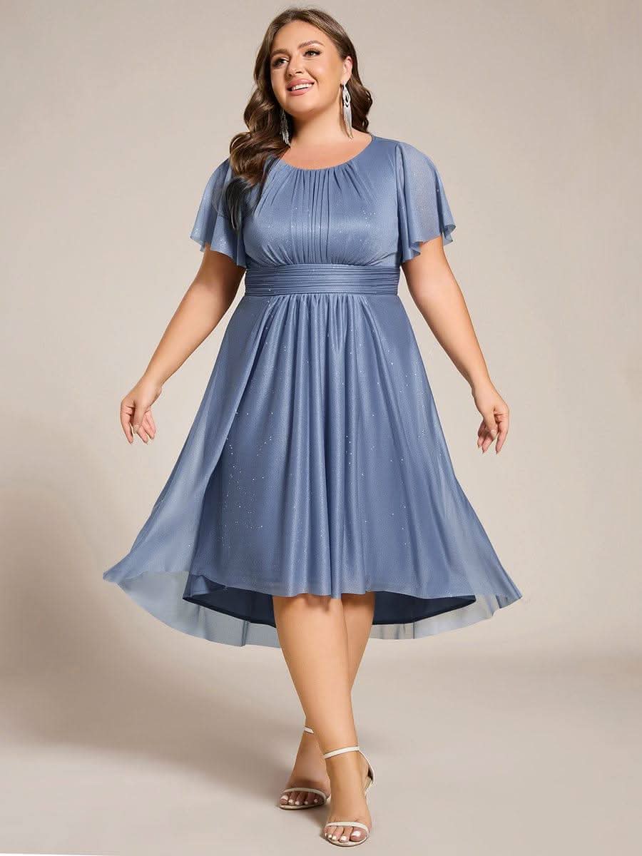 Plus Size Sequin Round Neck Asymmetrical Midi Wedding Guest Dress #color_Dusty Blue