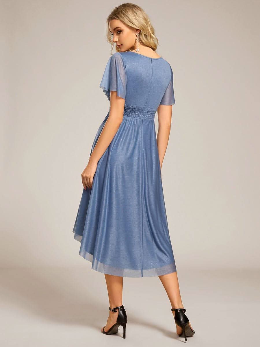 Short Sleeves Round Neck Asymmetrical Midi Formal Dress #color_Dusty Blue