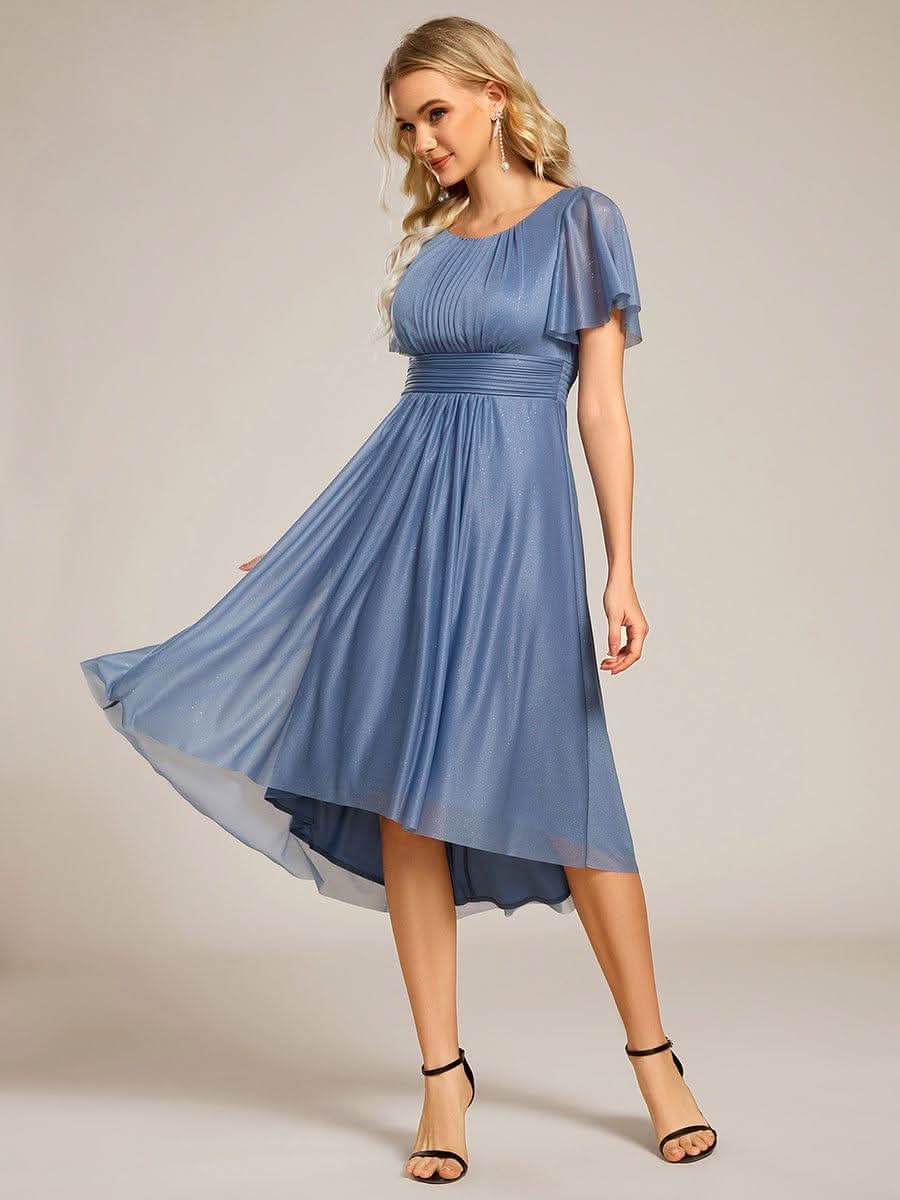 Short Sleeves Round Neck Asymmetrical Midi Formal Dress #color_Dusty Blue