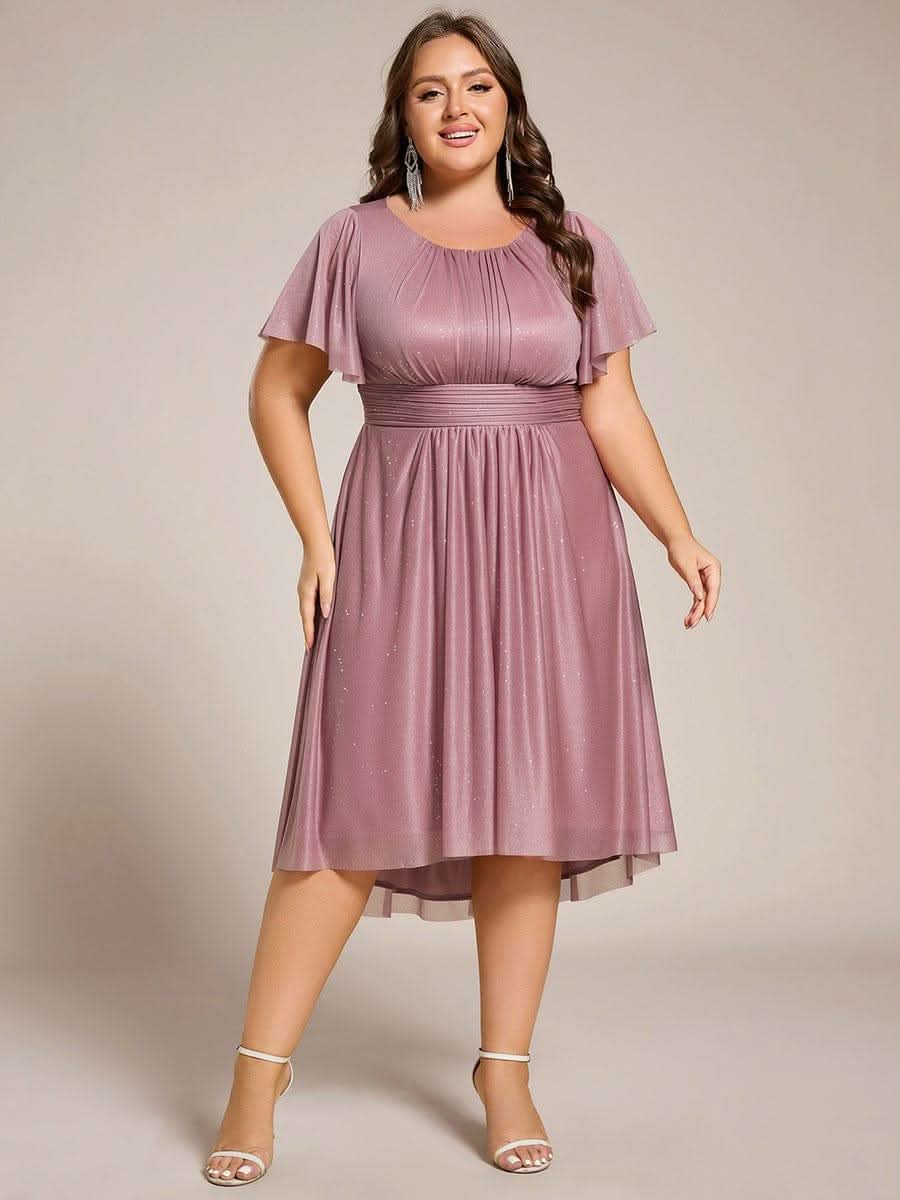 Short Sleeves Round Neck Asymmetrical Midi Formal Dress #color_Purple Orchid