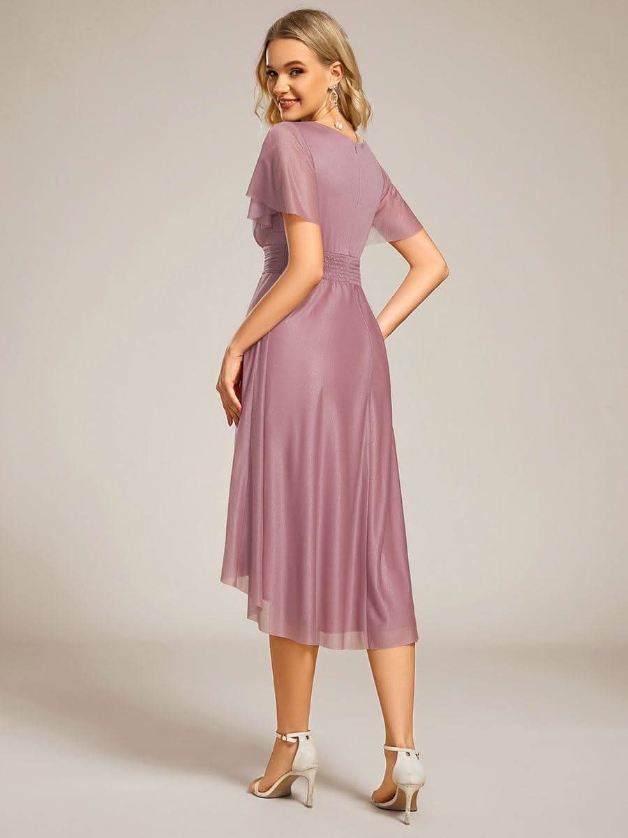 Short Sleeves Round Neck Asymmetrical Midi Formal Dress #color_Purple Orchid