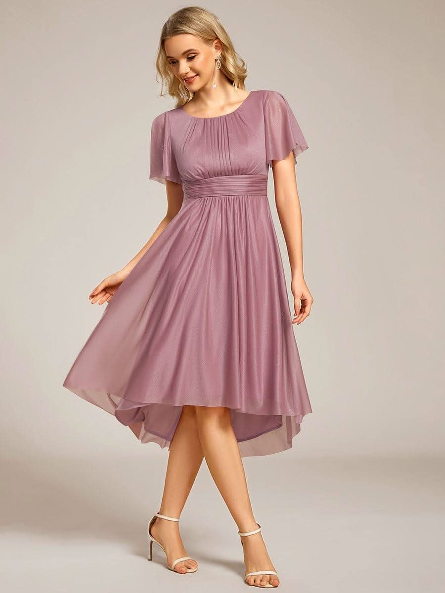 Short Sleeves Round Neck Asymmetrical Midi Formal Dress #color_Purple Orchid