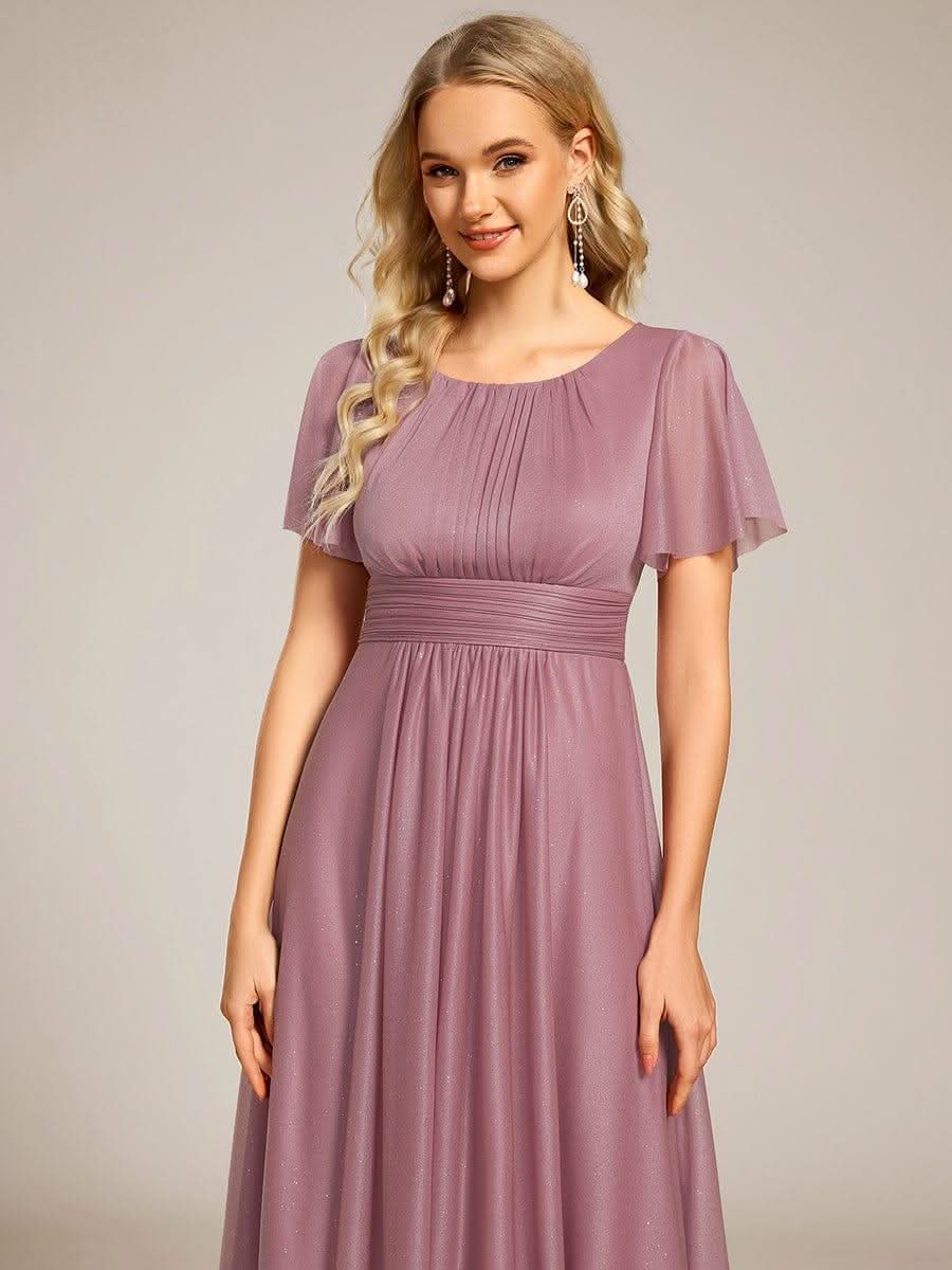 Short Sleeves Round Neck Asymmetrical Midi Formal Dress #color_Purple Orchid