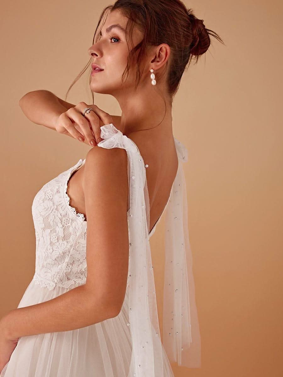 Romantic Lace and Tulle Tie-Shoulder Wedding Dress #color_Ivory