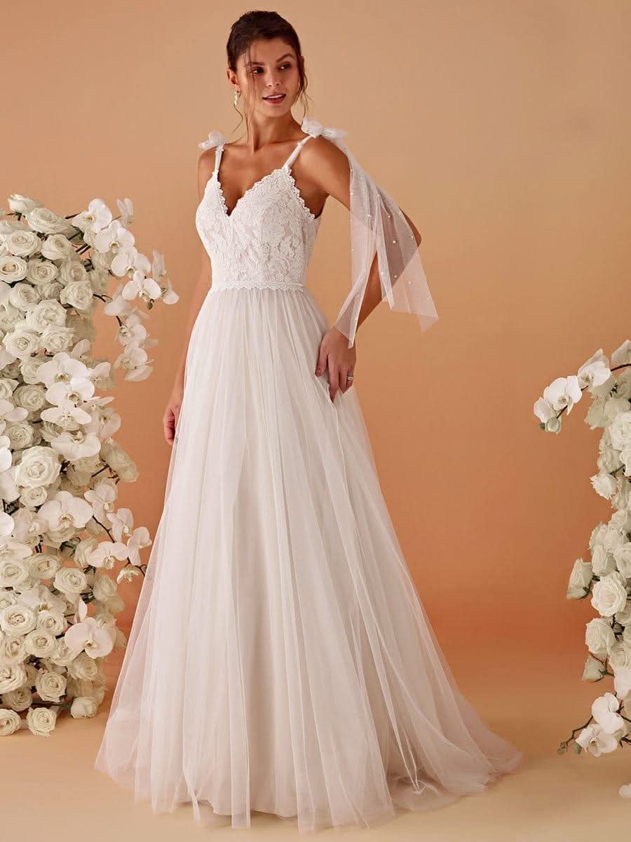 Romantic Lace and Tulle Tie-Shoulder Wedding Dress #color_Ivory