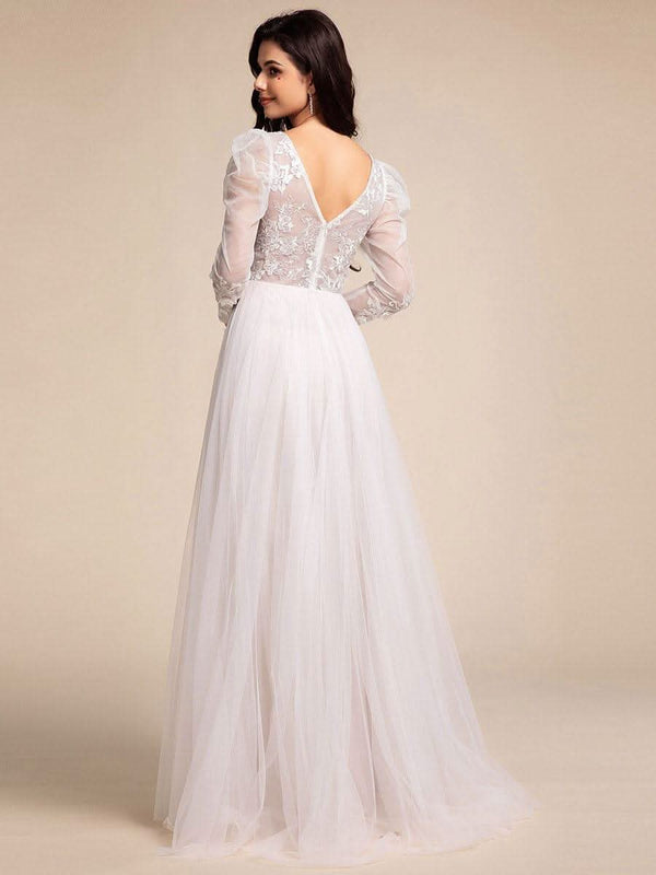 V Neck Leg of Mutton Sleeves Applique See-Through Wedding Dress GENOVA¡¯S BRIDE|V Neck Leg of Mutton Sleeves Applique See-Through Wedding Dress