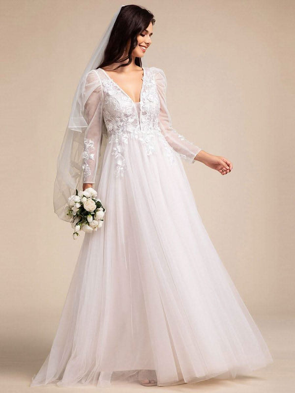 V Neck Leg of Mutton Sleeves Applique See-Through Wedding Dress GENOVA¡¯S BRIDE|V Neck Leg of Mutton Sleeves Applique See-Through Wedding Dress