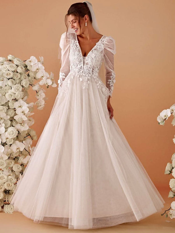 V Neck Leg of Mutton Sleeves Applique See-Through Wedding Dress V Neck Leg of Mutton Sleeves Applique See-Through Wedding Dress
