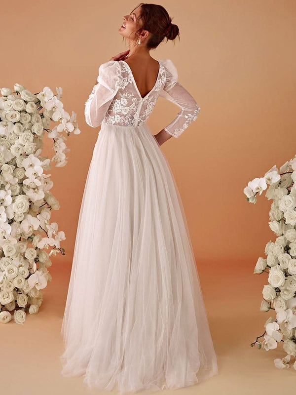 V Neck Leg of Mutton Sleeves Applique See-Through Wedding Dress V Neck Leg of Mutton Sleeves Applique See-Through Wedding Dress