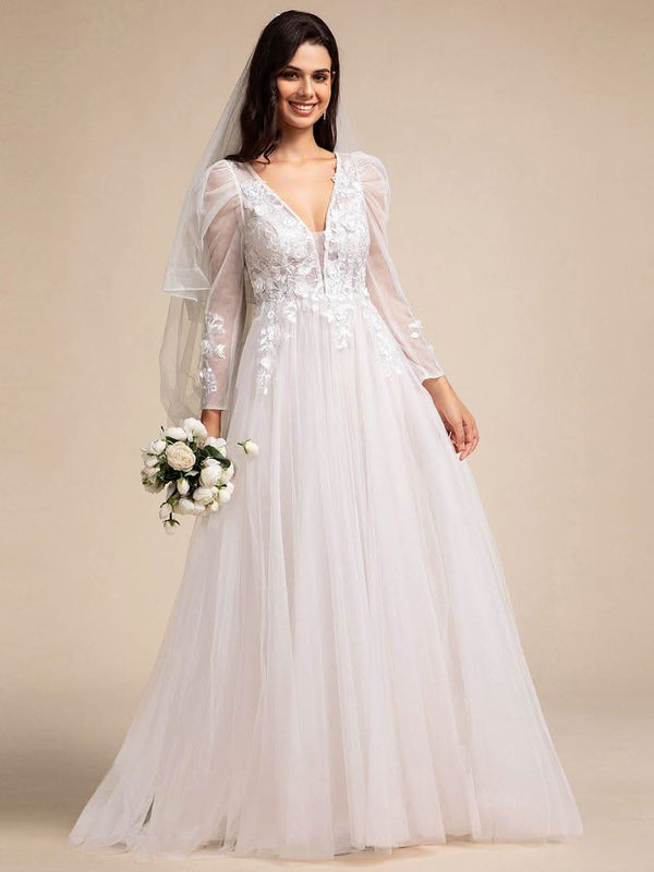 V Neck Leg of Mutton Sleeves Applique See-Through Wedding Dress GENOVA¡¯S BRIDE|V Neck Leg of Mutton Sleeves Applique See-Through Wedding Dress
