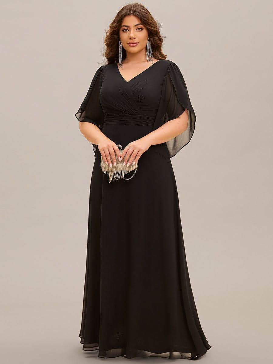 Plus Size Elegant Pleated Half Sleeve A-Line Maxi Mother of the Bride Dress #color_Black