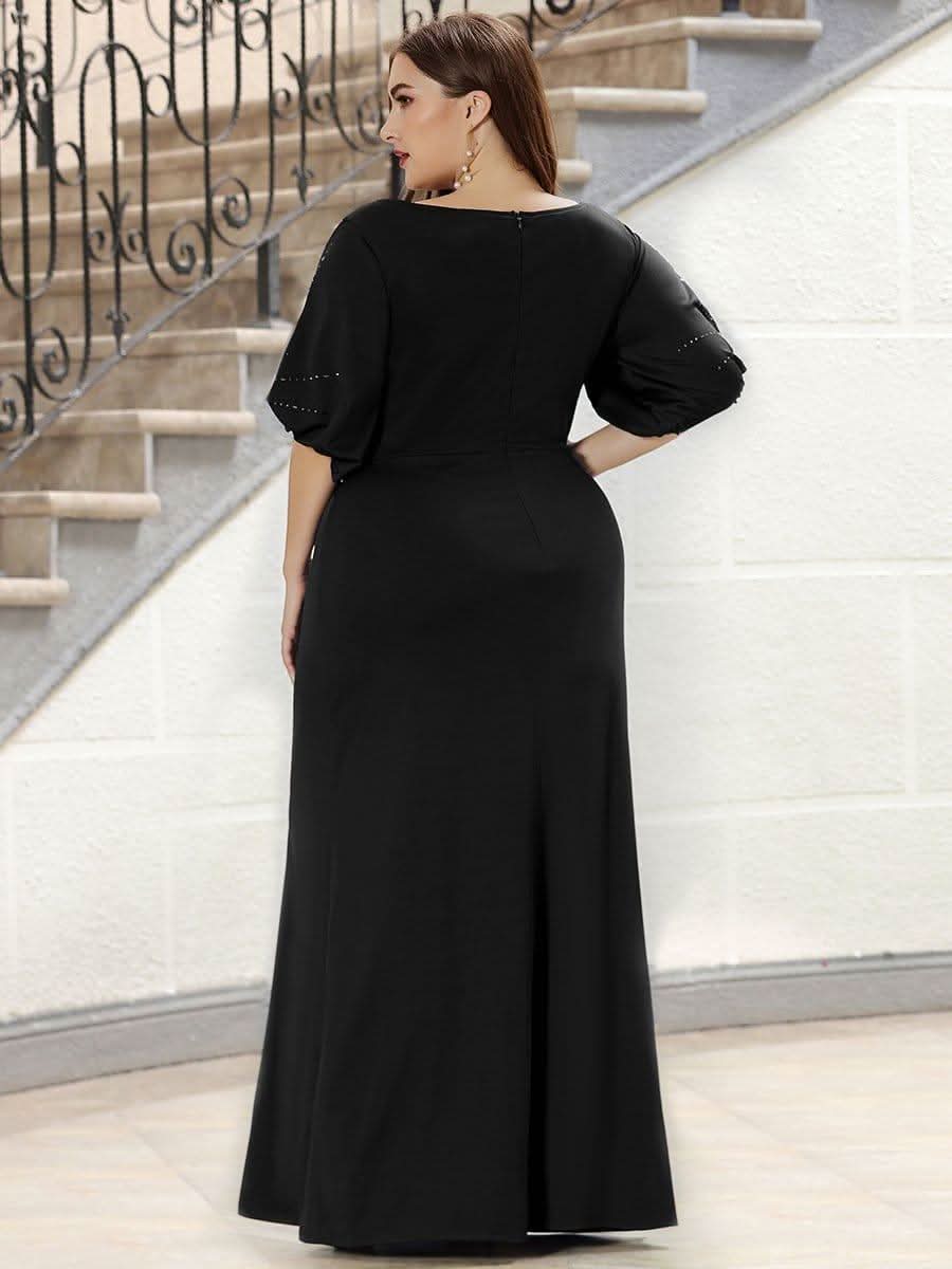 Trendy Round Neck Long Bodycon Evening Dress with Sleeves #color_Black