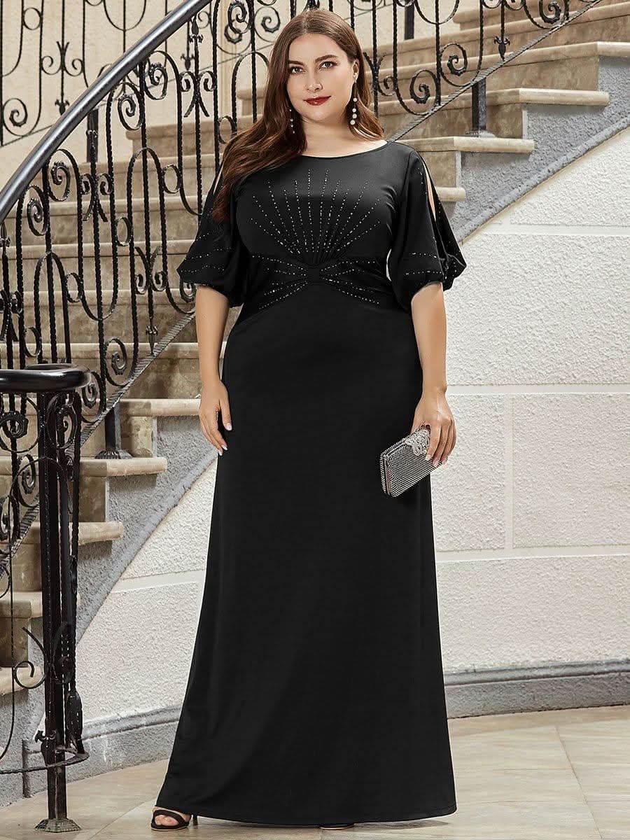 Trendy Round Neck Long Bodycon Evening Dress with Sleeves #color_Black