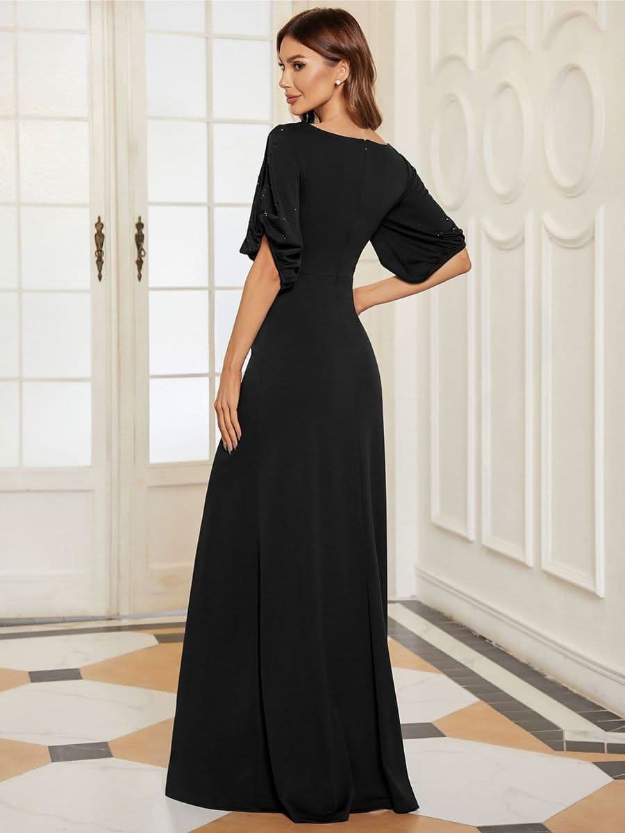 Trendy Round Neck Long Bodycon Evening Dress with Sleeves #color_Black