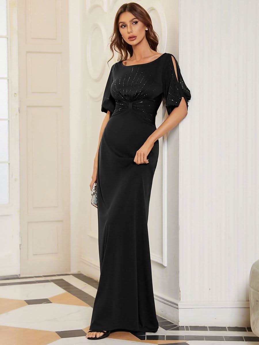 Trendy Round Neck Long Bodycon Evening Dress with Sleeves #color_Black