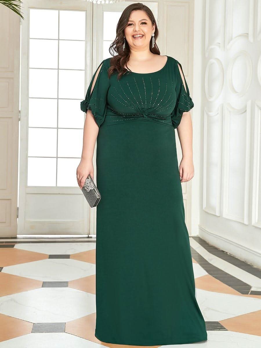 Trendy Round Neck Long Bodycon Evening Dress with Sleeves #color_Dark Green