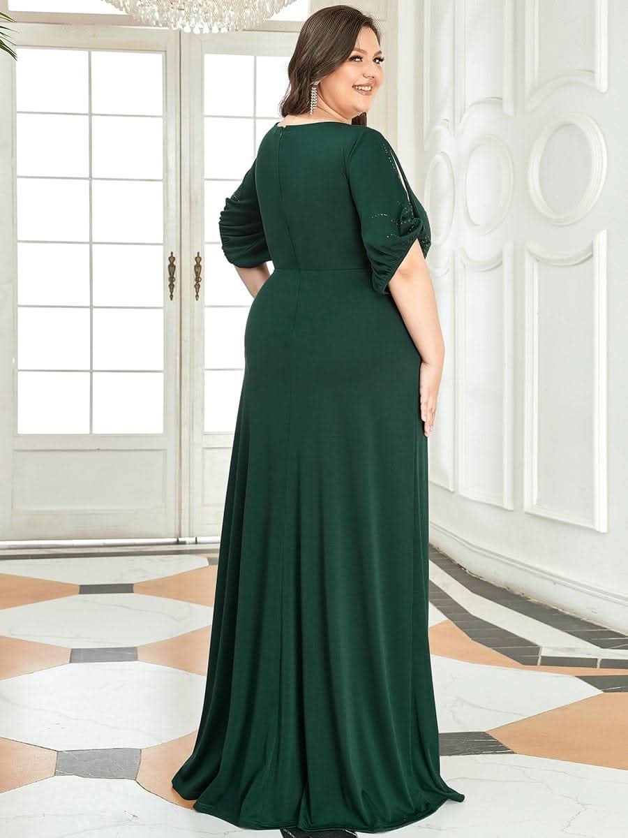 Trendy Round Neck Long Bodycon Evening Dress with Sleeves #color_Dark Green