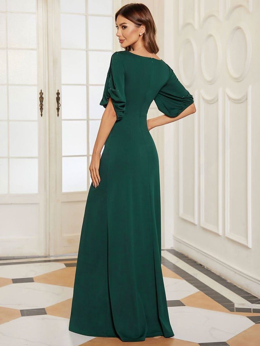 Trendy Round Neck Long Bodycon Evening Dress with Sleeves #color_Dark Green
