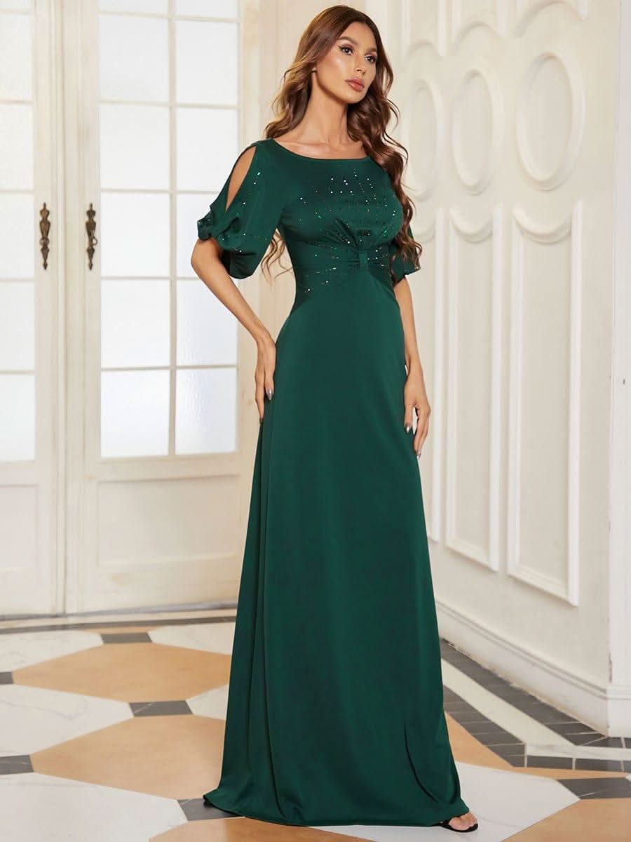 Trendy Round Neck Long Bodycon Evening Dress with Sleeves #color_Dark Green