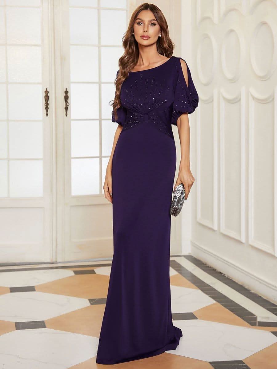 Trendy Round Neck Long Bodycon Evening Dress with Sleeves #color_Dark Purple