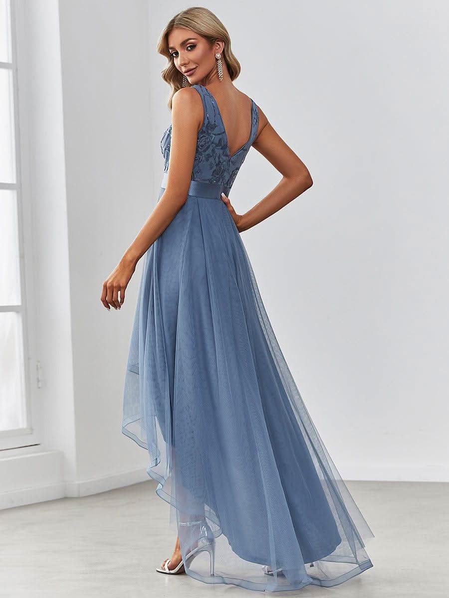 Fashion High-Low Deep V Neck Tulle Prom Dresses with Sequin Appliques #Color_Dusty Blue