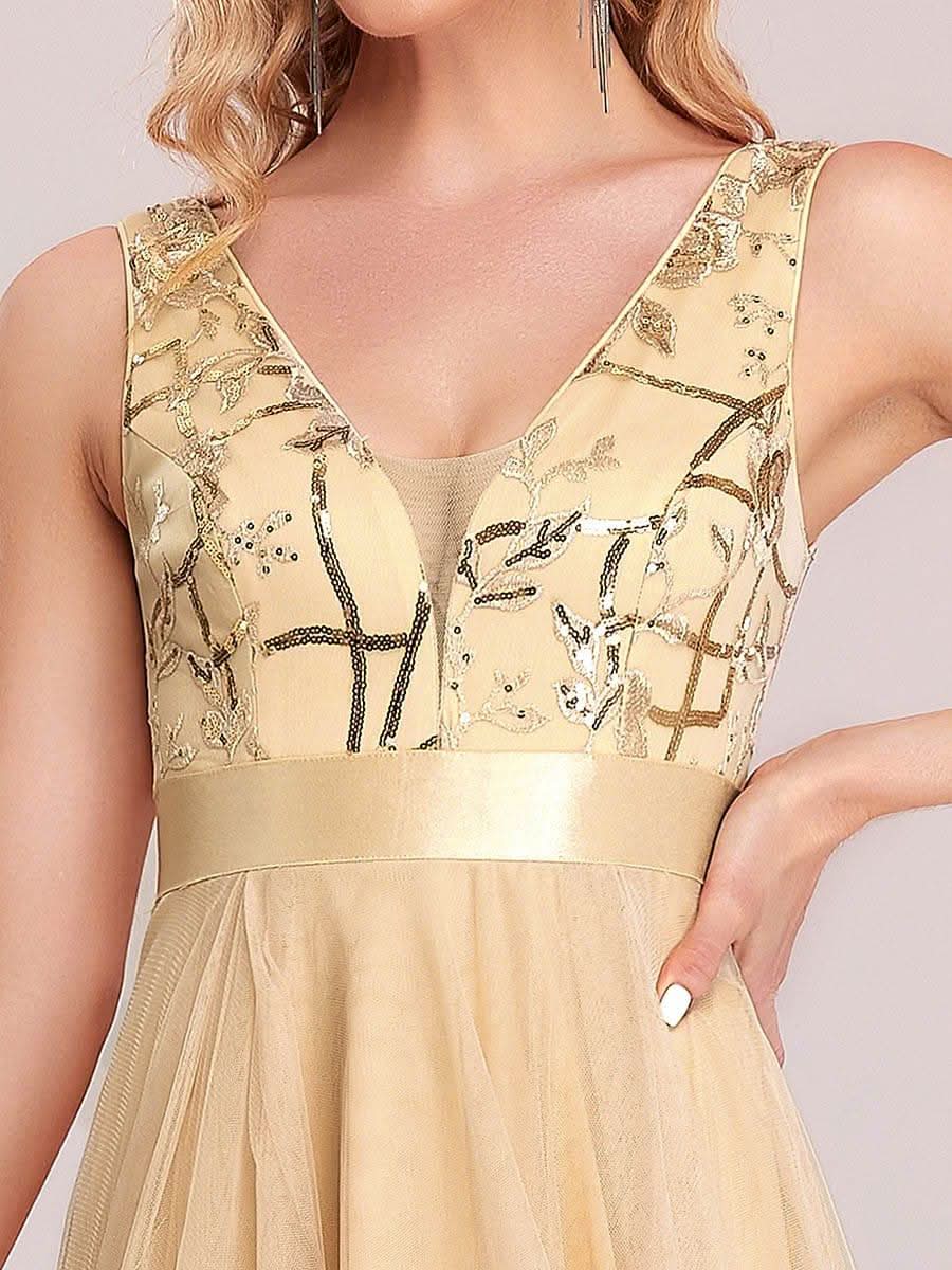 Fashion High-Low Deep V Neck Tulle Prom Dresses with Sequin Appliques #color_Gold