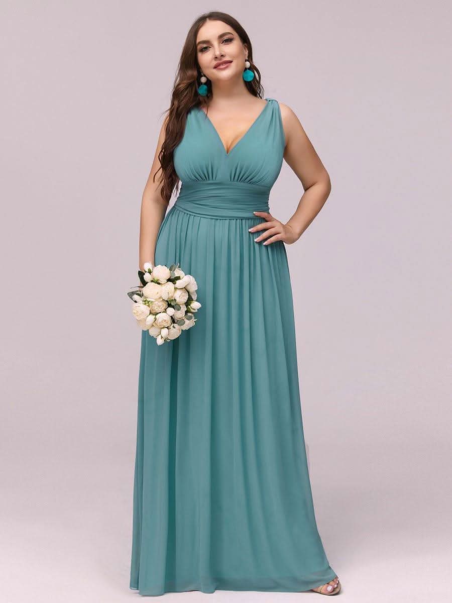 Plus Size Sleeveless V-Neck Semi-Formal Chiffon Bridesmaid Dress #color_Light Teal