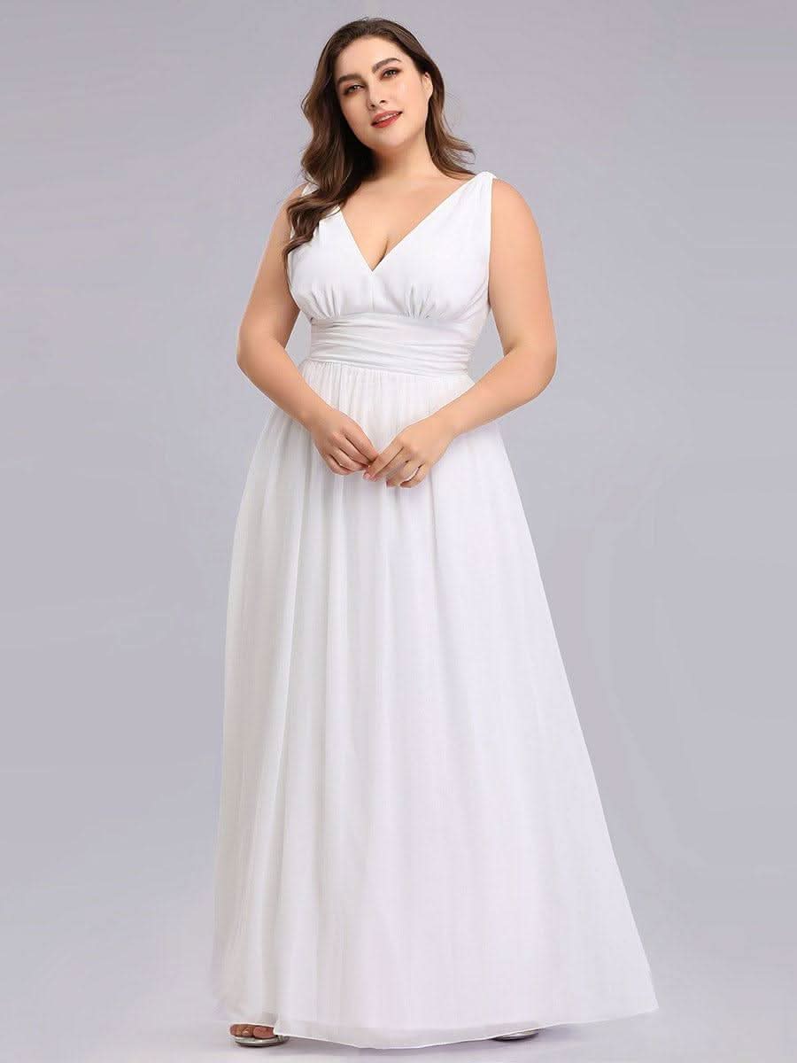 Plus Size Sleeveless V-Neck Semi-Formal Chiffon Bridesmaid Dress #color_White