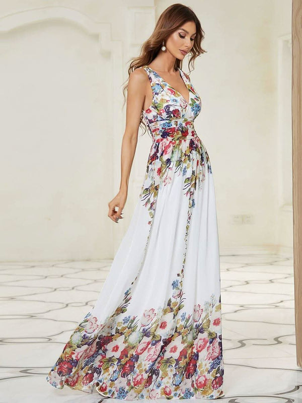 Chiffon Empire Waist Sleeveless Pleated Bridesmaid Dress #color_Dusty Blue ever HUSH|Chiffon Empire Waist Sleeveless Pleated Bridesmaid Dress