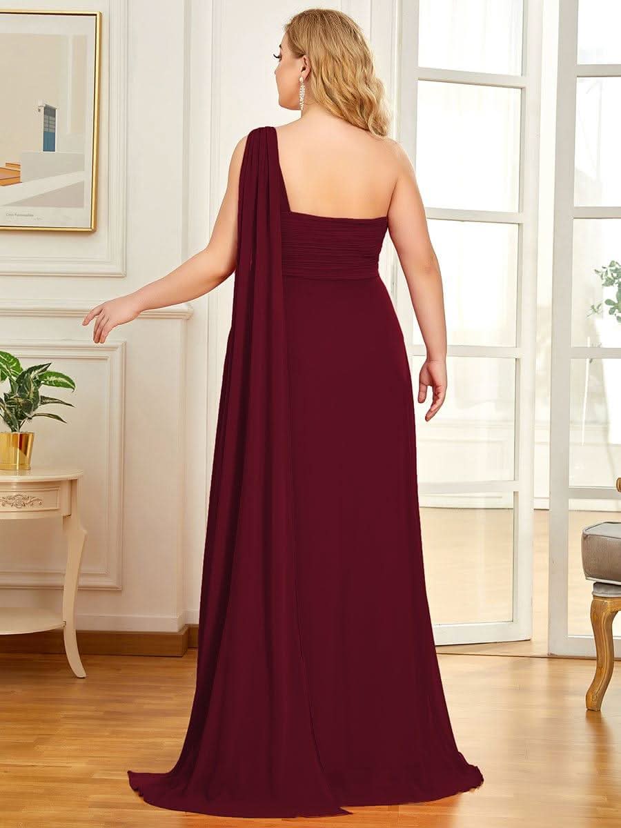 One Shoulder Pleated Chiffion Bridesmaid Sleeves #color_Burgundy