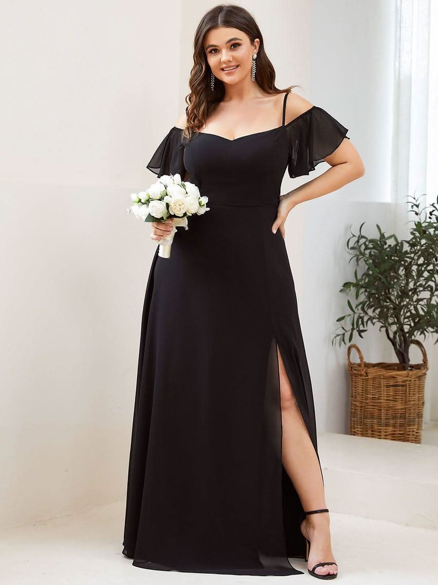 Stylish Cold Shoulder Flare Sleeves Flowy Bridesmaid Dress #color_Black