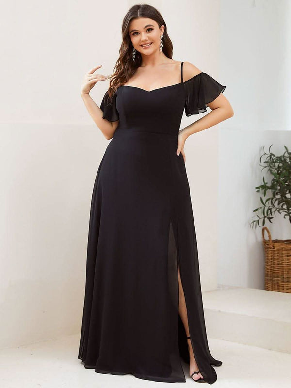 Stylish Cold Shoulder Flare Sleeves Flowy Bridesmaid Dress #color_Golden Roses ever REYA|Cold Shoulder High Slit Chiffon Wedding Guest Dress