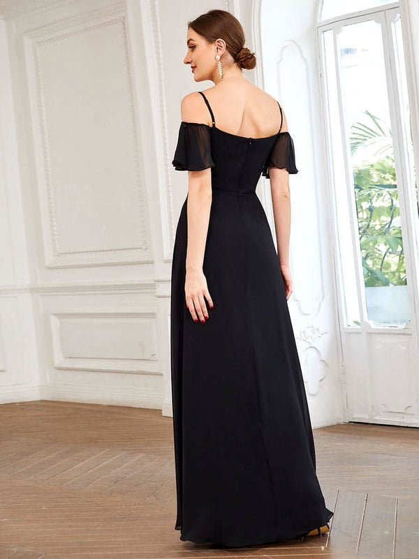 Stylish Cold Shoulder Flare Sleeves Flowy Bridesmaid Dress #color_Golden Roses ever REYA|Cold Shoulder High Slit Chiffon Wedding Guest Dress