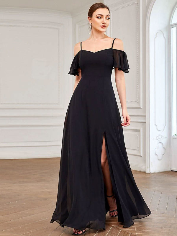 Stylish Cold Shoulder Flare Sleeves Flowy Bridesmaid Dress #color_Golden Roses ever REYA|Cold Shoulder High Slit Chiffon Wedding Guest Dress