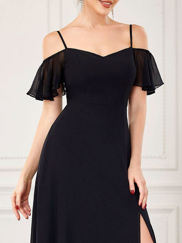 Stylish Cold Shoulder Flare Sleeves Flowy Bridesmaid Dress #color_Golden Roses ever REYA|Cold Shoulder High Slit Chiffon Wedding Guest Dress