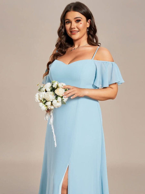 Stylish Cold Shoulder Flare Sleeves Flowy Bridesmaid Dress #color_Golden Roses ever REYA|Cold Shoulder High Slit Chiffon Wedding Guest Dress