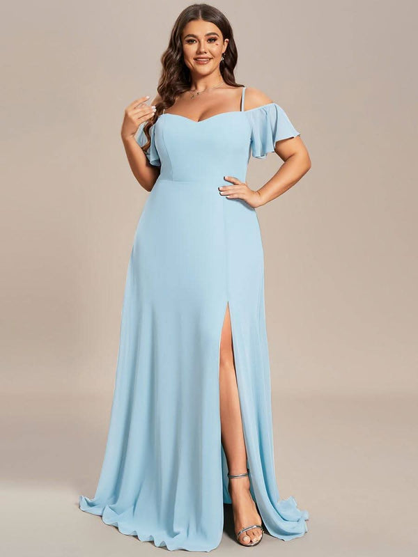 Stylish Cold Shoulder Flare Sleeves Flowy Bridesmaid Dress #color_Golden Roses ever REYA|Cold Shoulder High Slit Chiffon Wedding Guest Dress