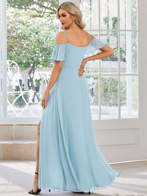 Stylish Cold Shoulder Flare Sleeves Flowy Bridesmaid Dress #color_Golden Roses ever REYA|Cold Shoulder High Slit Chiffon Wedding Guest Dress