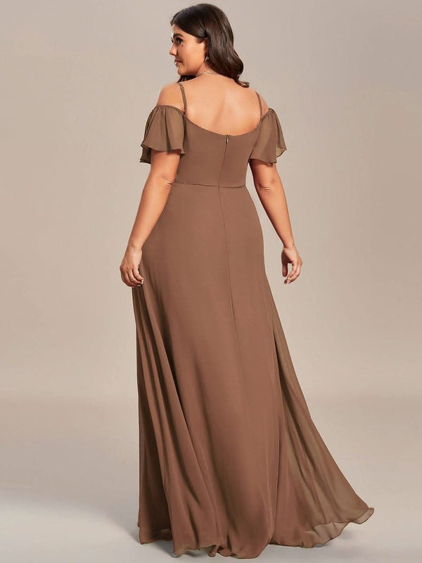 Stylish Cold Shoulder Flare Sleeves Flowy Bridesmaid Dress #color_Golden Roses ever REYA|Cold Shoulder High Slit Chiffon Wedding Guest Dress