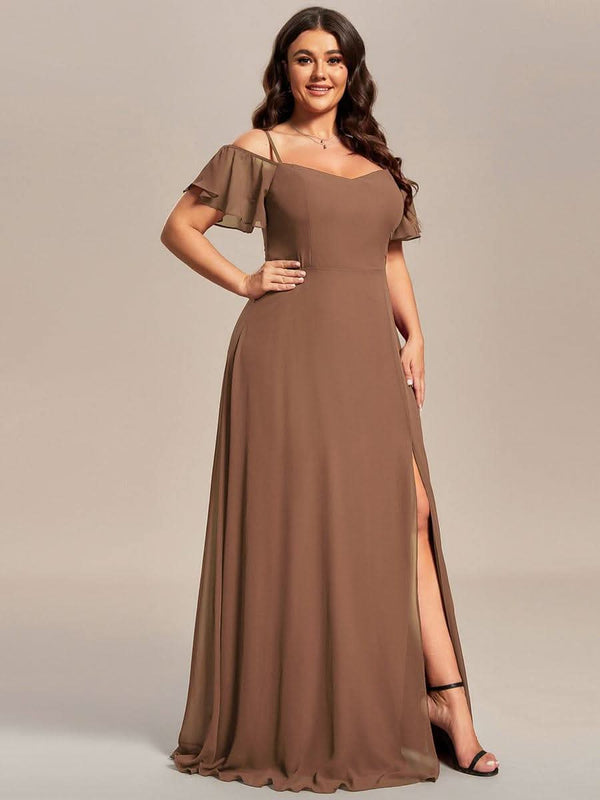 Stylish Cold Shoulder Flare Sleeves Flowy Bridesmaid Dress #color_Golden Roses ever REYA|Cold Shoulder High Slit Chiffon Wedding Guest Dress