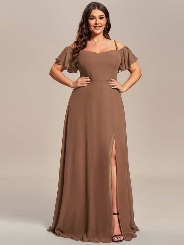 Stylish Cold Shoulder Flare Sleeves Flowy Bridesmaid Dress #color_Golden Roses ever REYA|Cold Shoulder High Slit Chiffon Wedding Guest Dress