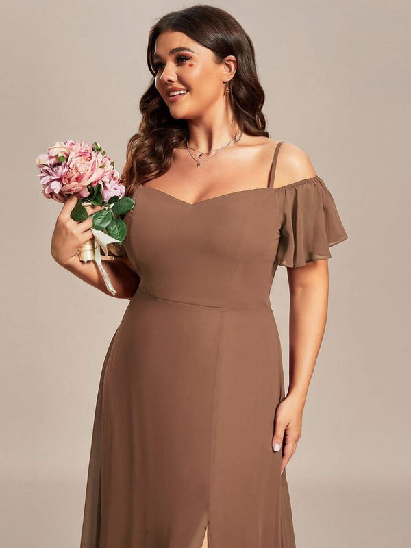 Stylish Cold Shoulder Flare Sleeves Flowy Bridesmaid Dress #color_Golden Roses ever REYA|Cold Shoulder High Slit Chiffon Wedding Guest Dress