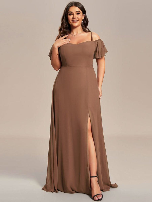 Stylish Cold Shoulder Flare Sleeves Flowy Bridesmaid Dress #color_Golden Roses ever REYA|Cold Shoulder High Slit Chiffon Wedding Guest Dress